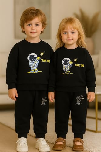 Image of Bold N Elegant Kids Fleece Lined Winter T-Shirt Jogger Set Warm Sweatshirt Pants | Stylish Astronaut Print Winter Co-ord Set for Infant Toddler Teedler Boys n Girls