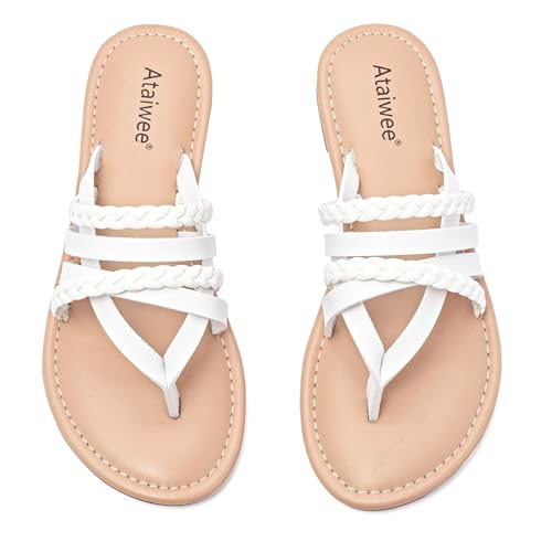 Image of Ataiwee Women's Flat Slide Sandals - Comfortable Open Toe Design,Casual Slip-On with Ankle Strap,Hook-and-Loop Closure Summer Sandals.