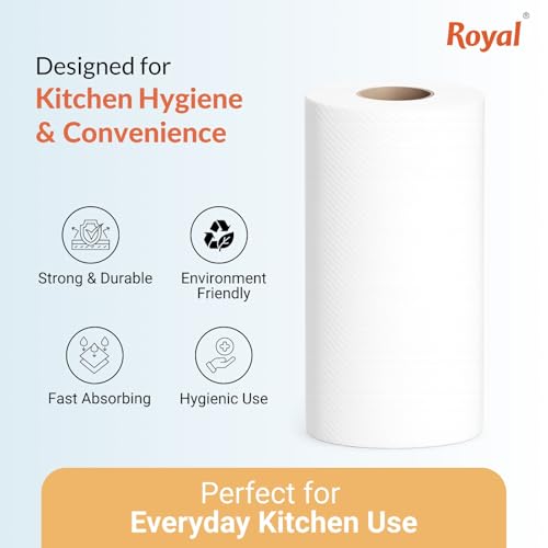 Image of Royal Silky Kitchen Tissue Rolls - 480 Pulls | 60 Kitchen Towels X 8 Rolls| 2-Ply Soft & Strong Kitchen Paper Towel | Highly Absorbent Disposable Kitchen Tissue | 2 rolls x Pack of 4