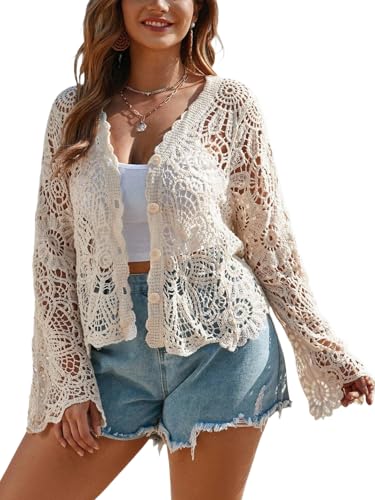 Women's Plus Size Hollow Out Cardigan Button Down Long Sleeve Knit Sweaters Outerwear Casual Knitwear