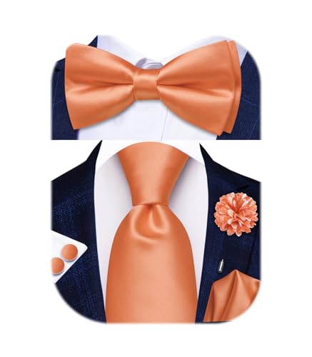 Image of Hi-Tie 5Pcs Mens Solid Color Silk Tie Satin Pretied Bowtie Lapel Pin for Men Handkerchief Cufflink Wedding Gift Box