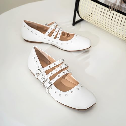 IDIFU Mary Jane Flats Square Toe Strappy Three Staps Ballet Flats Dress Shoes Vintage Bridal Ladies Dressy Comfortable Casual Formal Cute Flats Work Wedding Evening Flat Shoes4