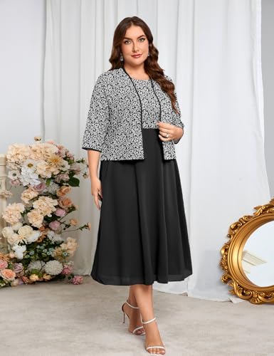 Image of ZOMVA Plus Size Sparkly Mother of The Bride Dresses with Jacket 2 Piece Chiffon A-Line Dress Wedding Guest Formal