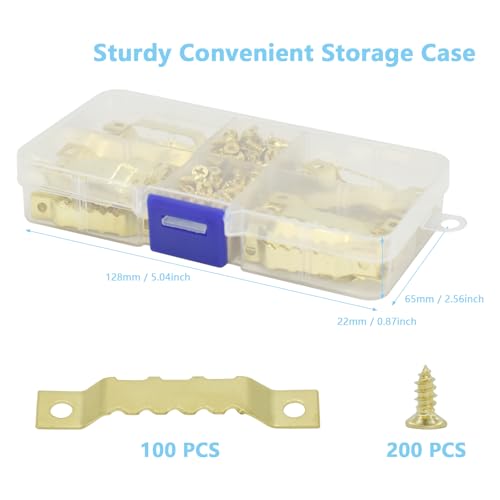 Image of 100 Pack Small Metal Sawtooth Picture Hangers with 200 Screws for Hanging Decor Wooden Photo Frames, Clock, Paintings Art Crafts Works and DIY Projects (Gold)