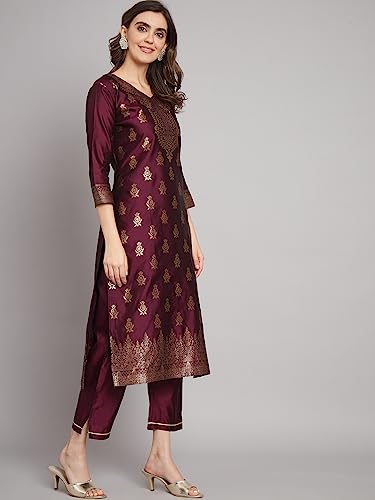 Image of VredeVogel Women's Cotton Silk Jacquard Kurta Pant Set with Banarasi Silk Dupatta