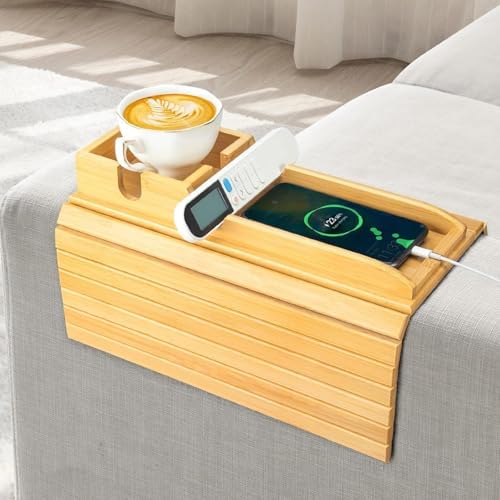 Bamboo Couch Armrest Table, Couch Arm Tray with Removable Couch C...