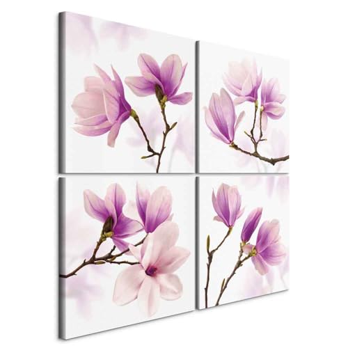 B&D XXL - Set di 4 Quadri Acustici Multipannello Moderni Fiori di Magnolia Viola 80x80 cm (4 pz. 40x40 cm ognuno) - Collage 4 Pezzi - Canvas Italiana Quadro Fonoassorbente Sala Conferenze b-A-0259-b-k