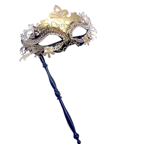 Geek-M Masquerade Mask for Women/Men, Fancy Party Face Mask Venetian Mask for Prom Ball Halloween Mardi Gras (masquerade mask with stick Black+Gold)