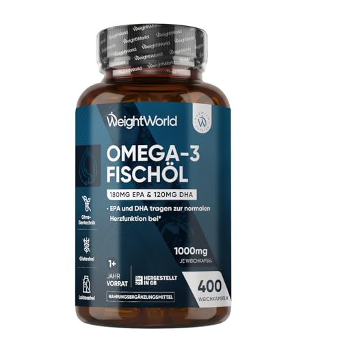 Omega 3 Kapseln - 400 Weichkapseln - 1+ Jahr Vorrat - IFOS Zertifiziert - 1000mg Fischöl pro WeichKapsel - Essentielle Omega 3 Fettsäuren mit EPA 180 mg, DHA 120mg - Fischöl Kapseln - WeightWorld