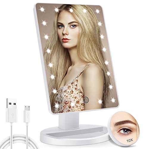 COSMIRROR Lighted Makeup Vanity Mirror with 10X Magnifying Mirror, 21 LED Lighted Mirror with Touch Sensor Dimming, 180°Adjustable Rotation, Dual Power Supply, Portable Cosmetic Mirror (White)…