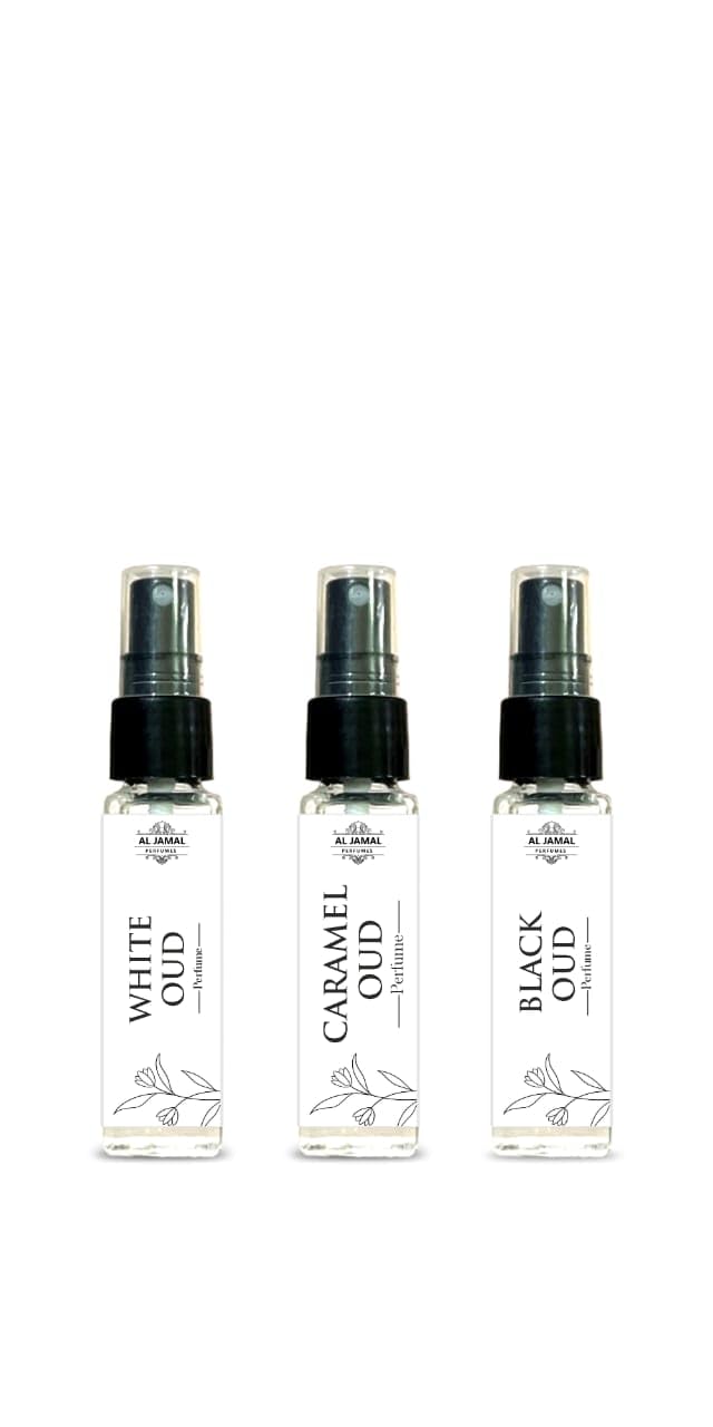 AL JAMAL Perfumes White Oudh, Caramel Oud, Black Oud/Pack of 3 | Long Lasting Arabic perfumes Combo | Unisex Perfume | 8ml Each