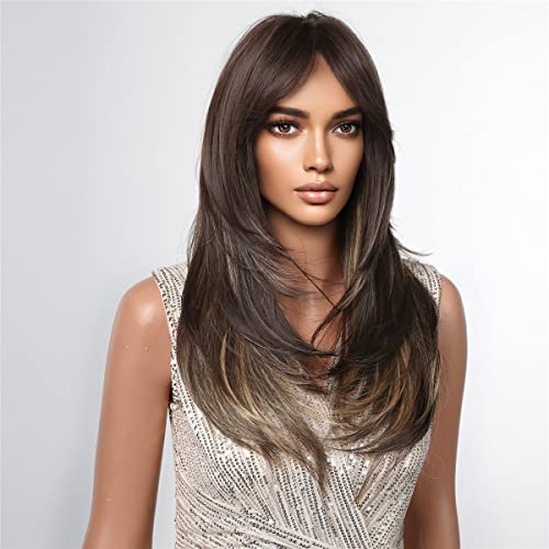 Dark Brown Mixed Blonde Wigs For Black Women Long Layered Straight Wigs With Air Bangs Heat Resistant Natural Looking Synthetic Wig For Daily Use #TOP2