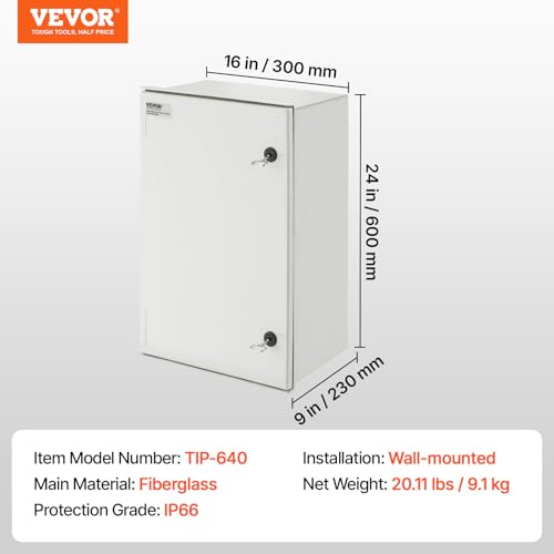 VEVOR Fiberglass Enclosure 23.6 x 15.7 x 9.1 Electrical Enclosure Box NEMA 3X Electronic Equipment Enclosure Box IP65 Weatherproof Wall-Mounted Electrical Enclosure with Hinges & Quarter-Turn Latches by VEVOR - Image 7