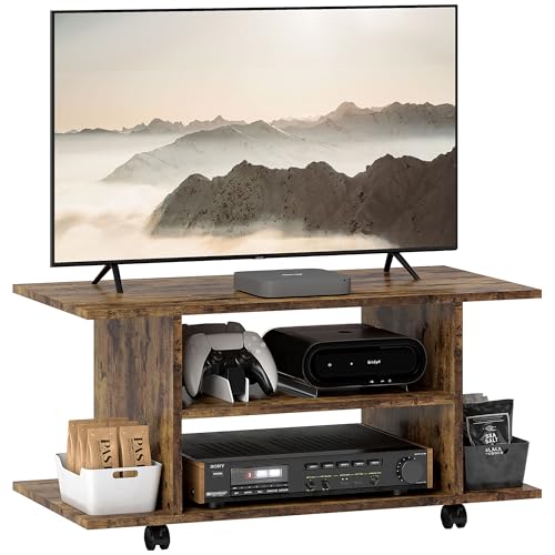 HOMCOM Meuble TV Moderne avec étagères, Meuble TV 42' avec roulettes pivotantes avec Freins, 2 Petites étagères latérales pour Le Salon et la Chambre, 80x40x40 cm, Brun Rustique