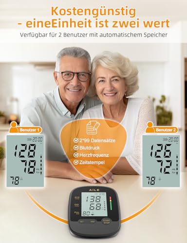AILE Oberarm Blutdruckmessgerät für den Hausgebrauch,Digitale Blutdruckmessgeräte mit Verstellbar Große Manschette (22-42 cm) Automatisches Bluthochdruck Messgerät Einknopfbedienung