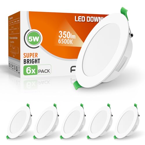 ALUSSO LED Recessed Spot Lights for Ceiling, 5W 350lm Ultra Slim Downlights Cool White 6500K, Cutout Ø75-85mm Non-Dimmable Ceiling Lights, IP44 Round White Panel Lights for Bathroom Kitchen, 6 Pack