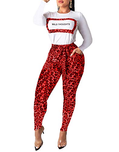 Remelon Womens 2 Piece Outfits Jumpsuits Leopard Letter Print Long Sleeve T-Shirt Top Bodycon Pockets Pants Set with Belt (XX-Large, Red)