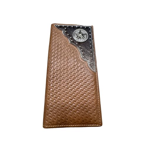 Urbalabs Mens Long Wallet Basketweave Tooled Cow Hair Leather Lone Star Concho Checkbook Style Cowboy Hand Crafted High End Mens Wallets Leather Gifts For Men (Brown)