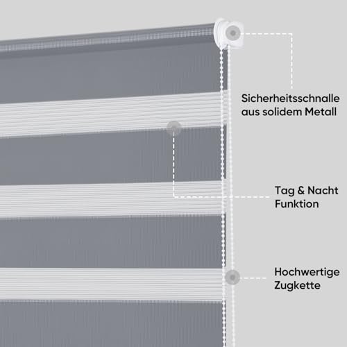 Sekey Doppelrollo Klemmfix ohne Bohren für Fenster, Doppelrollo 85 cm breit, Duo Rollo Jalousie Sonnenschutz, 85x130cm, Grau – Ansicht 3