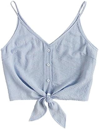 MakeMeChic Women's Casual V Neck Button Self Tie Front Crop Cami Tops Camisole Blue S