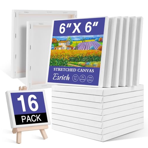 ESRICH Small Stretched Canvas for Painting 6x6 inch 2/5Profile Art Primed 16 Pack Canvases for Painting Cotton Small Professional Blank Paint Canvas for Kids and Art Supplies for Acrylics Oils.