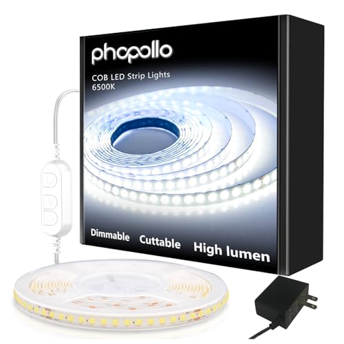 Image of phopollo White LED Strip Lights, 18ft Dimmable 6500k Daylight White Led Light Strip, 840 LEDs Flexible Led Lights for Bedroom, Mirror, Kitchen Decoration