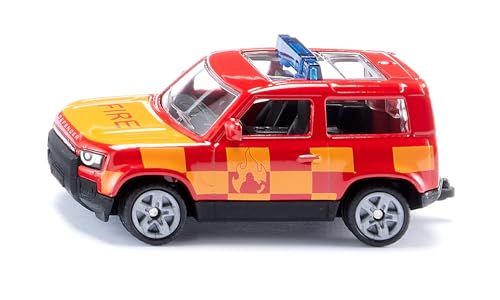 Siku 1568 Land Rover Defender Feuerwehr Spielzeug-Auto Metall/Kunststoff Rot/Gelb Anhängerkupplung Gummierte Reifen Blaue Signalbalken