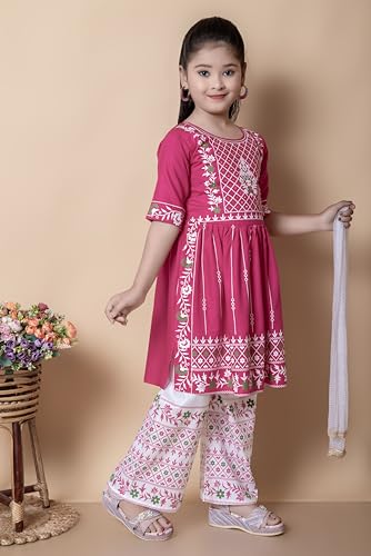 Image of New Badshah Dressesn Indian Ethnic Kids Girls Kurta Straight Pant with Silky Dupatta Dress Set, Cotton Rayon Fabric