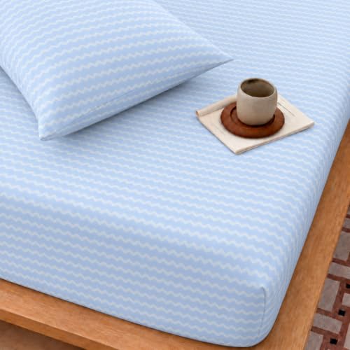 Image of VOMZER Single Size (36x72) 300 TC Soft Cotton Feel Microfiber All Around Elastic Fitted Single Bedsheet with 1 Pillow Cover | Blue Zig Zag