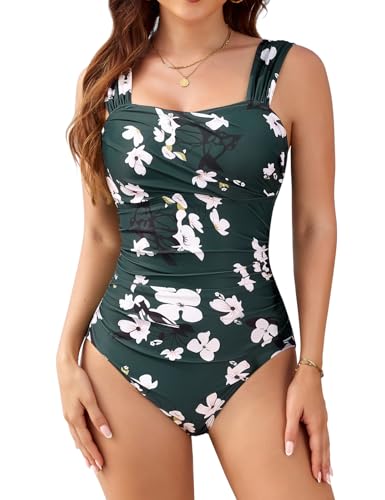 Nadeer One Piece Swimming Costume Women Tummy Control Modest Swimsuits Retro Ruched Padded Swimwear Vintage Bathing Suit