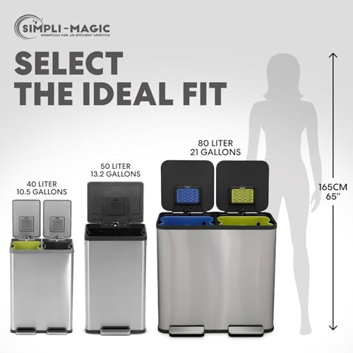 SIMPLI-Magic-21-Gallon-80L-Dual-Compartment-Kitchen-Trash-Can-Hands-Free-Step-Pedal-Soft-Close-Lid-Stainless-Steel-Recycling-Bin-with-Odor-Filter-40L-40L