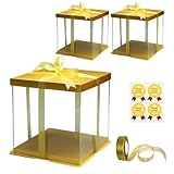 2 Pack Gold Tall Cake Boxes 10 x Inch with Board, Clear Transparent for Tier Cakes, Bakery Packaging...