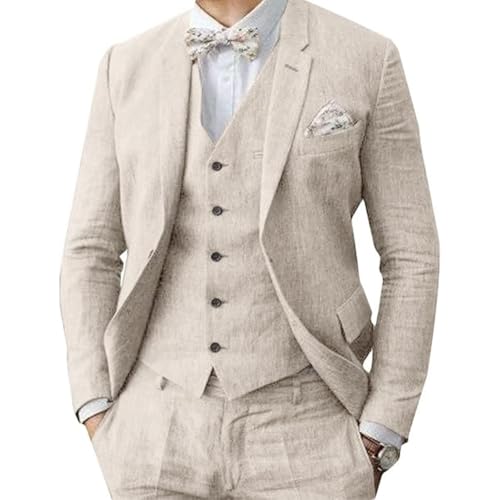 Traje de lino para hombre de 3 piezas, formal, de negocios, blazer y pantalón para hombre con solapas de muesca, para bodas, padrinos de boda, ropa de fiesta, beige, 52