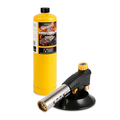 Image of Propane Torch Head Kit with 1x MAPP Gas Tank,4-Flame Blow Torch Head Trigger Start Propane Torch with Igniter MAP Gas Torch Grill Gun on 1-lb Propane Tank Holder for Soldering Brazing Cooking