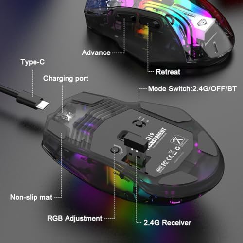 Image of Bluetooth Wireless Mouse,Tri-Mode 2.4G /USB-C, Up to 3600 DPI,Transparent Mechanical Gaming Mouse,Chroma RGB Backlit, Must-Have Cool USB Computer Mouse for Gaming and Esports (White)