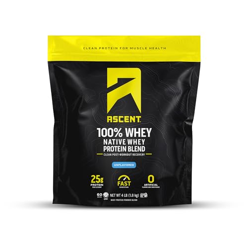 Image of Ascent 100% Whey Protein Powder - Post Workout Whey Protein Isolate, Zero Artificial Flavors & Sweeteners, Gluten Free, 5.5g BCAA, 2.6g Leucine, Essential Amino Acids, Unflavored, 4 Lb
