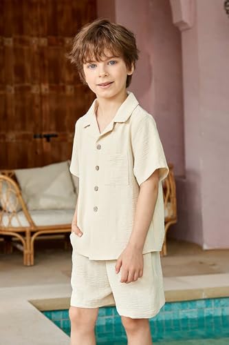 Image of Arshiner Boy's Button Down Shirt and Shorts Set Summer Short Sleeve Children Two Pieces Casual Outfits Beige 5-6Years