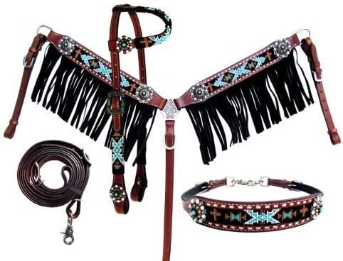 Showman 4 Piece Beaded Navajo Design Headstall, Breast Collar, Reins & Wither Strap Set