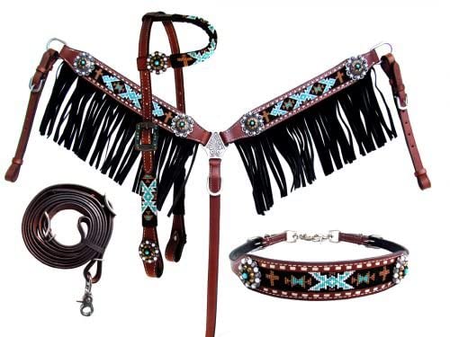 Showman 4 Piece Beaded Navajo Design Headstall, Breast Collar, Reins & Wither Strap Set #TOP11
