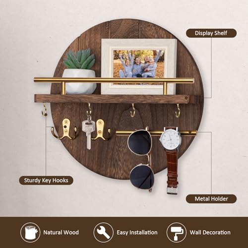 Nekon Key Holder Wall Mount, 11.8 Inch Key Rack with Shelf and 6 Key Hooks, Rustic Key and Mail Organizer - Image 2