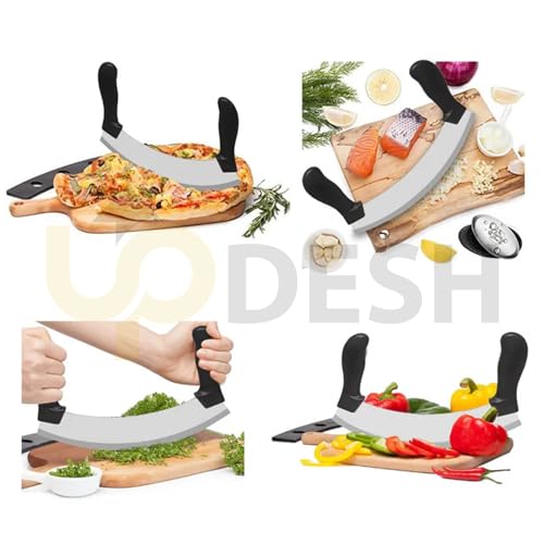 Image of UPDESH Pizza Cutter - Pizza Slicer - Mezzaluna /Mincing Knife - Double Handle Ideal for Mincing, Dicing, Chopping & Slicing (4)