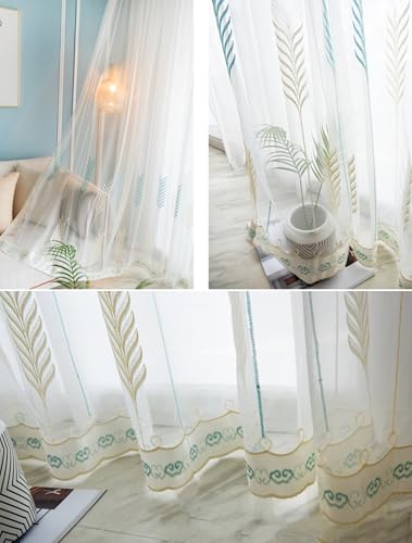 Voilage lot de 2 en gaze blanche brodée blé 200x210 cm avec oeillets pour chambre