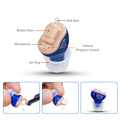 BLJ Hearing Aid for Seniors and Adults with Noise Reduction and Feedback Cancellation ITC Hearing Amplifier, 7 Batteries and 9 Ear Domes (Blue-Left Ear)