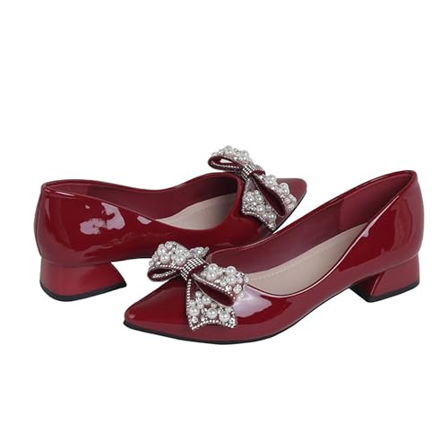 Image of Women's Pumps Low Chunky Block Heel Rhinestone Closed Pointed Toe Comfortable Slip on Work Dress Shoes for Office