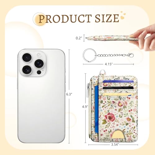 Image of Kelvoris Flower Credit Card Holder Small Wallet Women, Slim RFID Keychain | Zipper Coin Pocket, PU Leather Front Pocket, Thin Travel Card Case, Compact, 6 Card Slot, 1 ID Window, Ladies Gifts for Woman