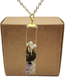 Mushroom 3D Forest Landscape Transparent Cube Resin Pendant 18k Gold Plated Long Necklace
