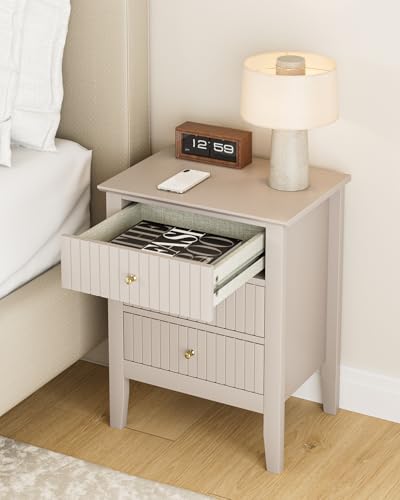 Image of Night Stand, Fluted Nightstand Bedside Tall Farmhouse Nightstand with 3 Drawers, Mid Century Modern Side Accent Table,Bedside End Table for Bedroom, Living Room, Khaki