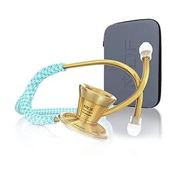 MDF BELLA AZURE ProCardial Cardiology Stethoscope, Limited Edition Mprints, Lightweight Titanium, Adult, Dual Head, Purple Glitter Tube, GOLD Chestpiece-Headset, MDF797TBAK + Travel Case