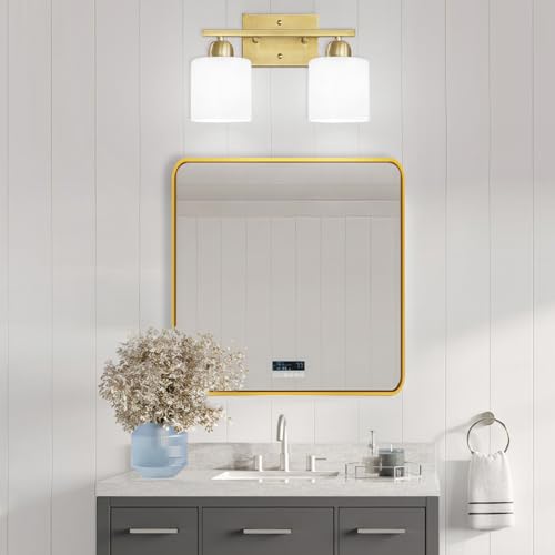 Image of 2 Light Bathroom Vanity, Bathroom Lights Over Mirror with Milky White Frosted Glass Shades, Gold Vanity Light for Mirror Living Room Bedroom Hallway E26 Base