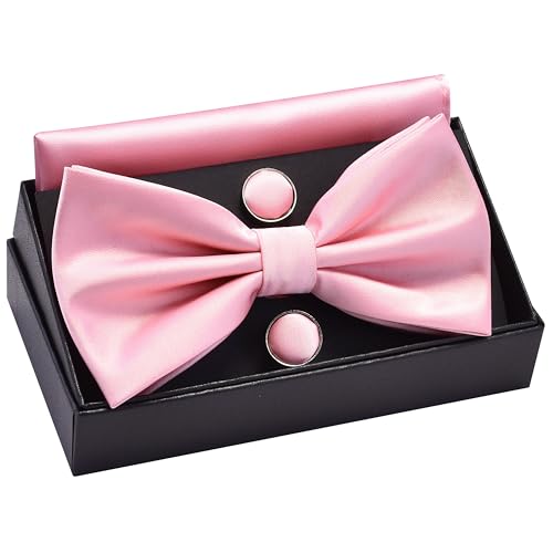 Image of GUSLESON Men's 3-pc Solid Color Bow Tie Gift Set - Double‑Fold Pre-Tied Bow Tie, Pocket Square, Cufflinks - Wedding Formal Party